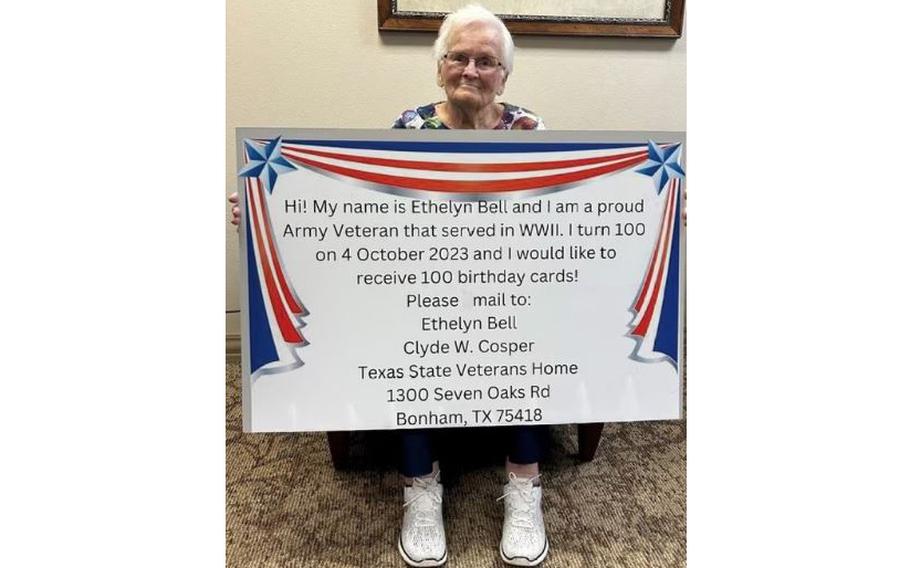 U.S. Army Veteran Ethelyn Szad Bell’s centennial celebration will be on Oct. 4, 2023, and she has requested to receive 100 cards. 