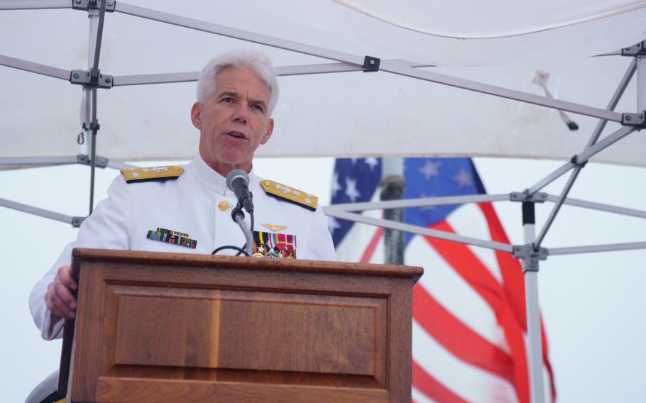 Vice Adm. Karl Thomas, commander of U.S. 7th Fleet, speaks during a change of command ceremony for Destroyer Squadron 15 at Yokosuka Naval Base, Japan, on Aug. 18, 2022. 