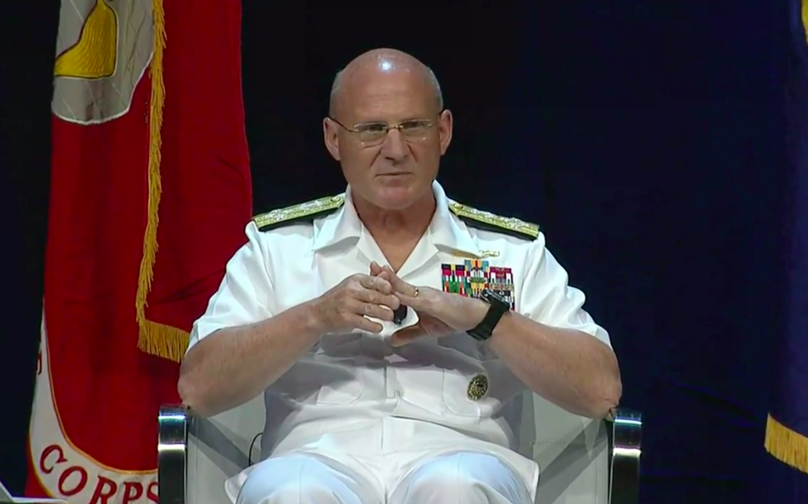 Adm. Mike Gilday, chief of naval operations, speaks at the Navy League's Sea-Air-Space conference on Monday, Aug. 2, 2021. 