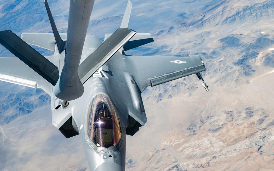An F-35A Lightning II approaches the refueling probe of a KC-135 Stratotanker during Red Flag 23-3 at Nellis Air Force Base, Nev., on July 26, 2023. 