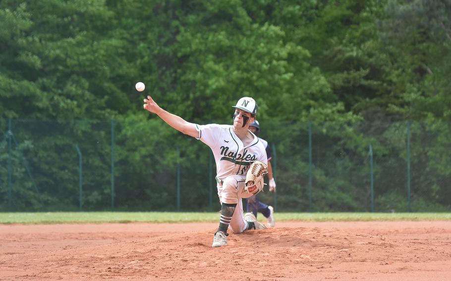 Naples Jonathan Vousboukis dueled fellow freshman Sergio Melendez from Aviano for four innings Friday, May 17, 2023, in the DODEA-Europe Division II/III baseball championsips at Kaiserslautern, Germany.