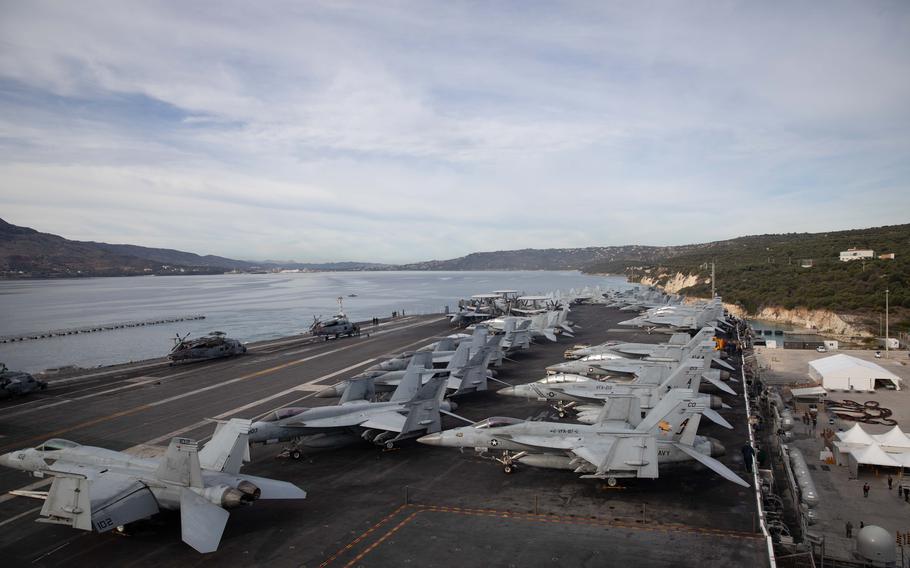 USS Gerald R. Ford, the world's largest aircraft carrier, pulls in to Souda Bay, Greece, Dec. 2, 2023. The carrier is making a scheduled port visit at the base on the island of Crete.