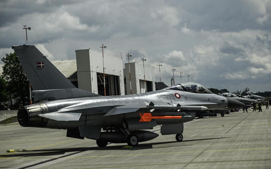 A Norwegian F-16 Fighting Falcon waits to take off for a dogfighting exercise at Ramstein Air Base in Germany on June 6, 2024. Norway, Belgium, Denmark and the Netherlands have pledged to provide Ukraine with 80 F-16s,