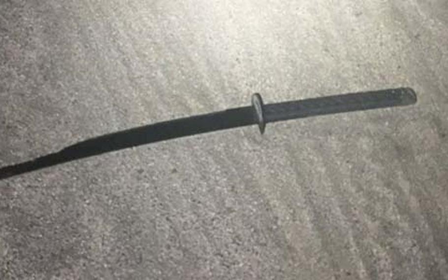 This photo released by the Kern County Sheriff’s office shows the sword used to attack U.S. Army Special Forces troops at Inyokern Airport in the Mojave Desert on Sept. 18, 2021.