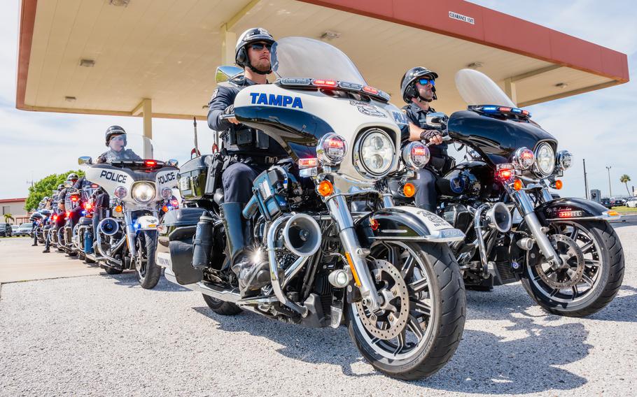 Law enforcement officers from the Tampa Bay area line up in a motorcade at MacDill Air Force Base, Fla., Saturday, March 30, 2024. Local law enforcement and the 6th Security Forces Squadron ensured the safety of over 175,000 guests during Tampa Bay AirFest.