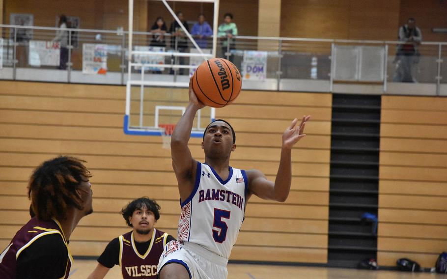 Ramstein’s Ky’Ron Hall puts up a shot in the Royals’ Division I semifinal victory over Vilseck at the DODEA European Basketball Championships on Friday, Feb. 16, 2024, at Wiesbaden, Germany.