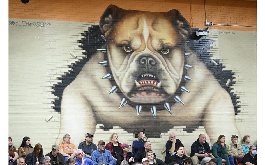 People attend a meeting at the local high school in East Palestine, Ohio.