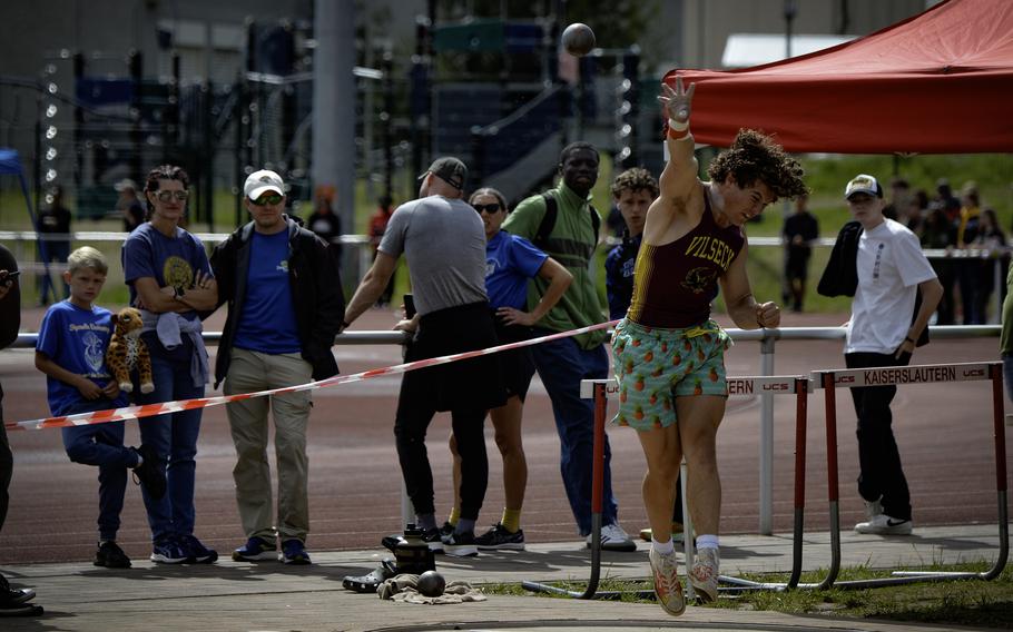 Garrett Hyten of Vilseck High competes in the shot put at the 2024 DODEA European Championships at Kaiserslautern High School in Kaiserslautern, Germany, on May 24, 2024, finishing fifth with a throw of 12.27 meters.