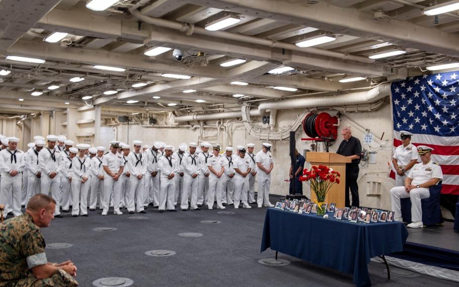 The crew of amphibious transport dock USS Somerset (LPD 25) and guests honor the 40 heroes of Flight 93 during a 9/11 remembrance ceremony aboard the ship, Sept. 9, 2022. The crew of the Navy’s USS Somerset have been frequent guests for years in the Pennsylvania county for which their ship is named — attending Flight 93 memorial ceremonies, touring landmarks and even picking bushels of corn in 2021 for a local food bank. This month, several Somerset County community leaders and Flight 93 passengers’ relatives returned the favor, going to sea alongside its 350 sailors and officers.