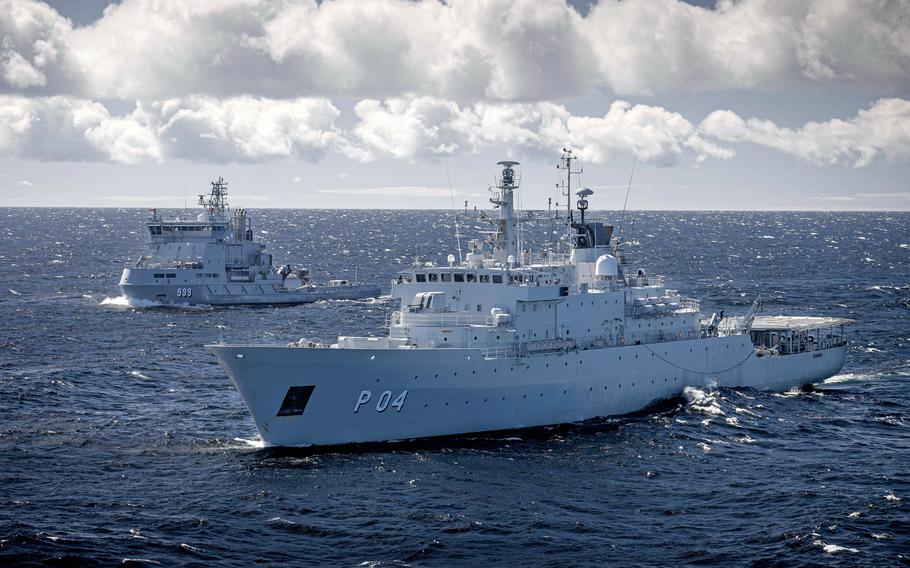 The Swedish support ship HSwMS Carlskrona, right, and the Finnish pollution control vessel FNS Louhi sail with the amphibious assault ship USS Kearsarge, not seen, during an exercise in the Baltic Sea, May 17, 2022. Should Finland and Sweden join NATO, they could help the U.S. Navy and Marine Corps develop tactics useful in deterring China in parts of the Indo-Pacific region.