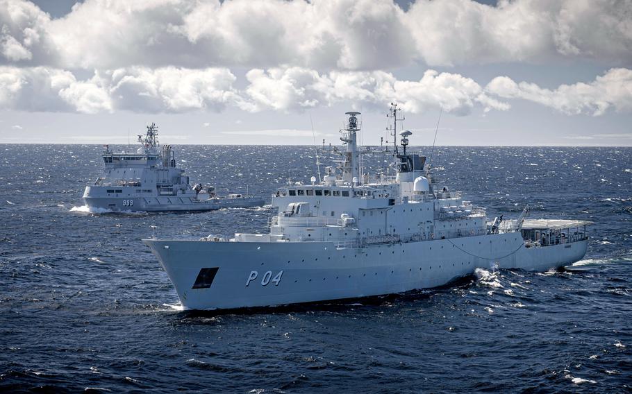 The Swedish support vessel HSwMS Carlskrona, on the right, and the Finnish anti-pollution vessel FNS Louhi sail with the amphibious assault vessel USS Kearsarge, unseen, during an exercise in the Baltic Sea on 17 May 2022. Should Finland and Sweden join NATO, they should be able to help the US Navy and the Navy to develop tactics useful to deter China in parts of the Indo-Pacific.