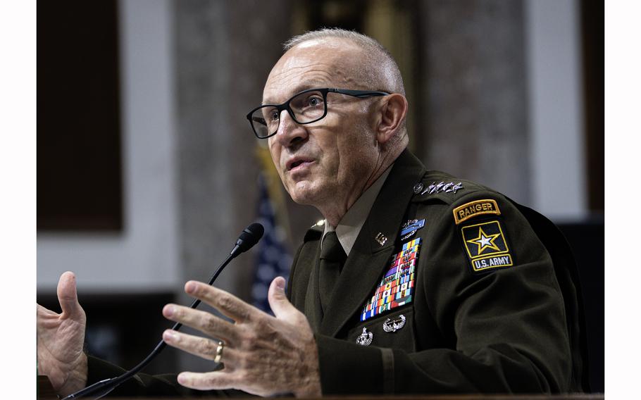 Gen. Randy George answers questions on July 12, 2023, during a Senate Armed Services Committee hearing on Capitol Hill in Washington, D.C., to consider his nomination to be the next chief of staff of the Army.