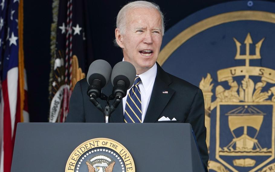 President Joe Biden speaks  Friday, May 27, 2022, at the U.S. Naval Academy Class of 2022 graduation and commissioning ceremony in Annapolis, Md.