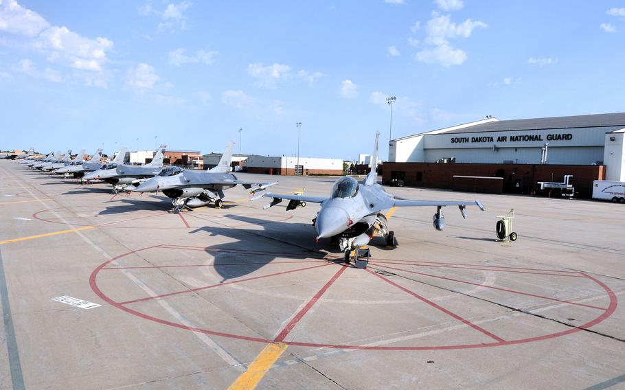 The 114th Fighter Wing’s F-16 aircraft sit on the flightline at Joe Foss Field, S.D., on Aug. 25, 2011. 