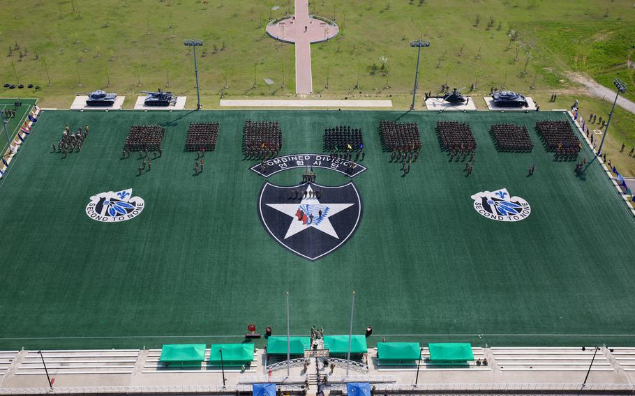 Soldiers from the 2nd Infantry Division stand in formation during a rehearsal on Robertson Field at Camp Humphreys, South Korea, May 15, 2023. 