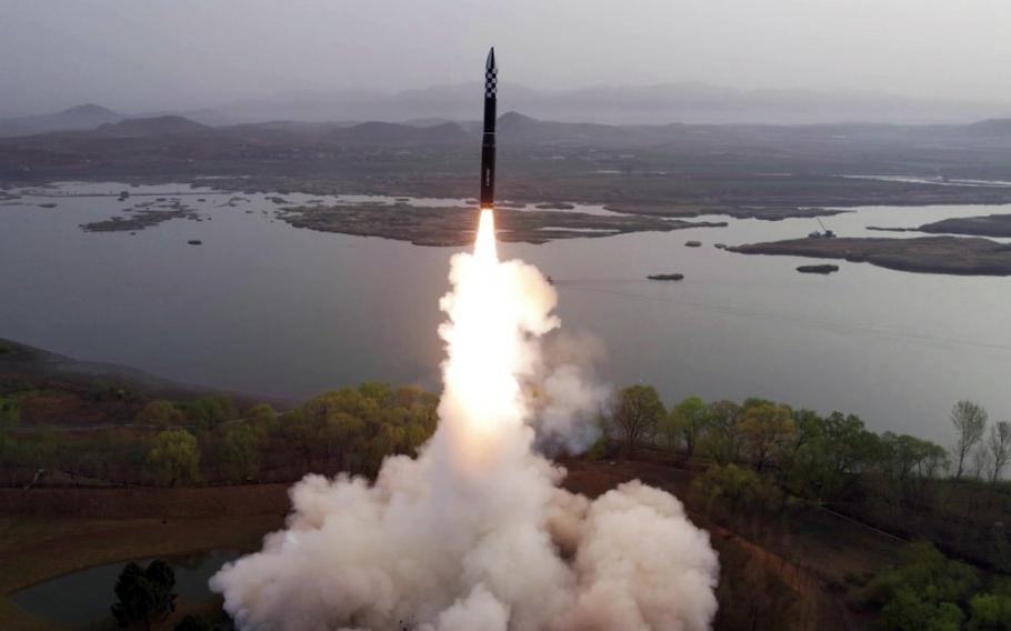 North Korea launched a solid fueled Hwasong-18 intercontinental ballistic missile, April 13, 2023, according to the state-run Korean Central News Agency.