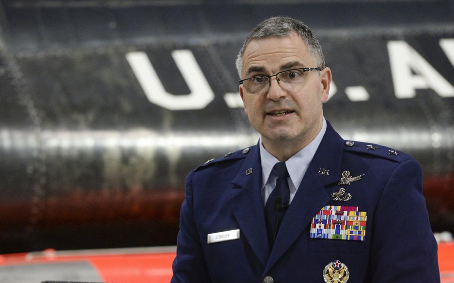 Maj. Gen. William Cooley speaks in April 2019 at the National Museum of the United States Air Force, Wright-Patterson Air Force Base, Ohio. Cooley will be the first Air Force general officer to face court-martial on a sexual assault charge, officials said.

Wesley Farnsworth/U.S. Air Force