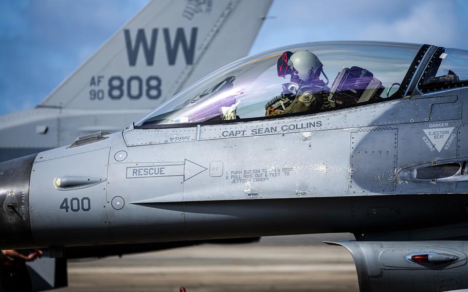 Air Force Capt. Sean “Wreck” Collins, a 13th Fighter Squadron pilot, parks an F-16 Fighting Falcon at Antonio B. Won Pat International Airport on Guam, Feb. 4, 2023.