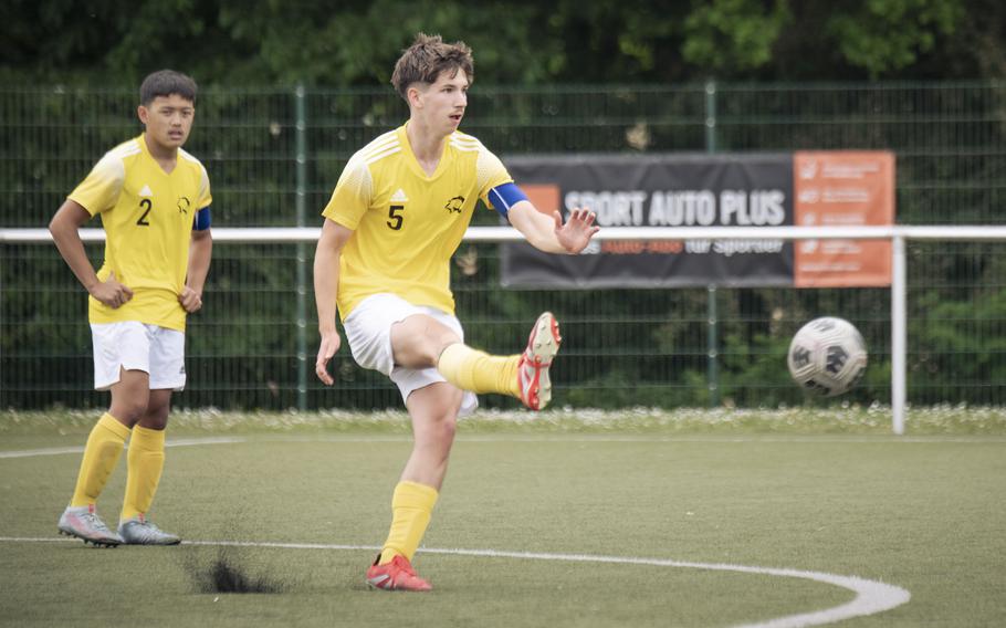 Vicenza Cougars junior Jacob McGovern clears the ball during a match against the Naples Wildcats during the semifinals of the 2025 Division II DODEA European championships at Reichenbach-Steegen, Germany on May 21, 2025.