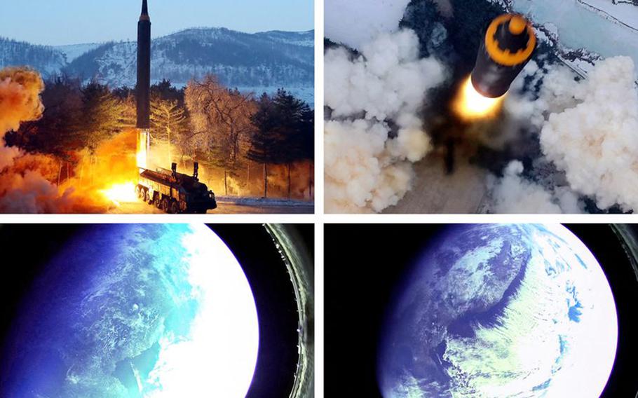 This series of photos released by the Korean Central News Agency on Monday, Jan. 31, 2022, purports to show the launch of an intermediate-range ballistic missile the previous day. It includes images reportedly taken from space with a camera mounted to the weapon. 