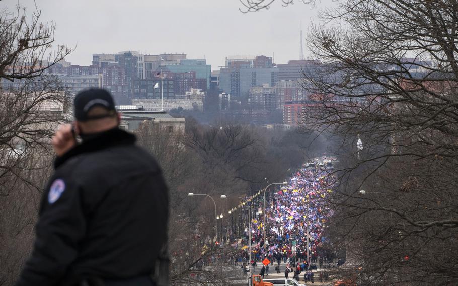 A mob of thousands of Trump supporters marched down Constitution Avenue on Jan. 6, 2021. 