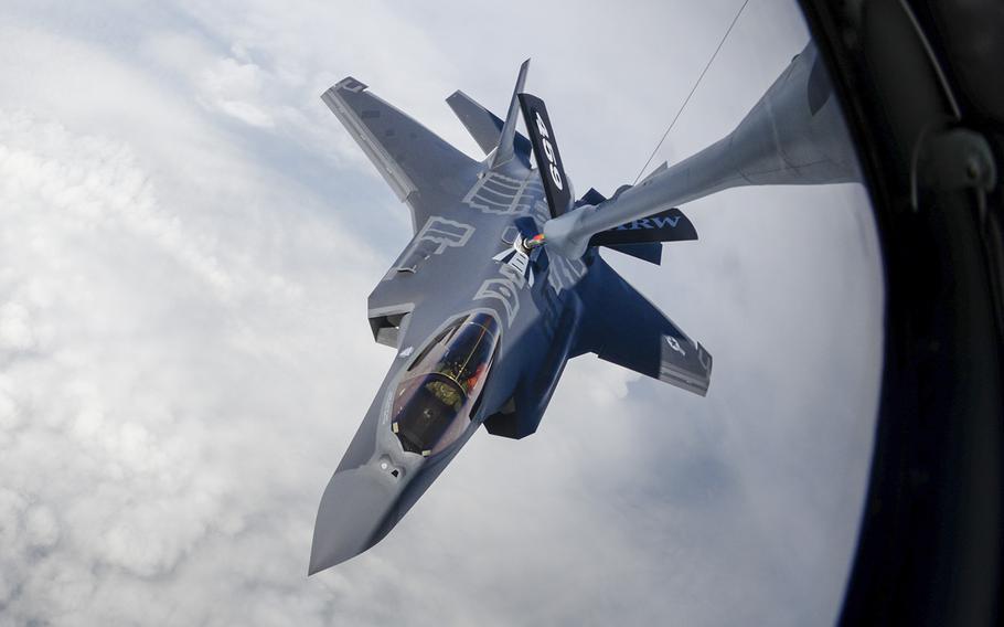 A U.S. Air Force F-35A Lightning II aircraft assigned to Hill Air Force Base, Utah, is refueled by a 459th Air Refueling Wing KC-135 Stratotanker during a flight to Graf Ignatievo Air Base, Bulgaria, April 28, 2017. Northrop Grumman Corp. is developing an advanced Active Electronically Scanned Array (AESA) radar for the Lockheed Martin F-35 Lightning II, the company said Wednesday, Jan. 11, 2023.