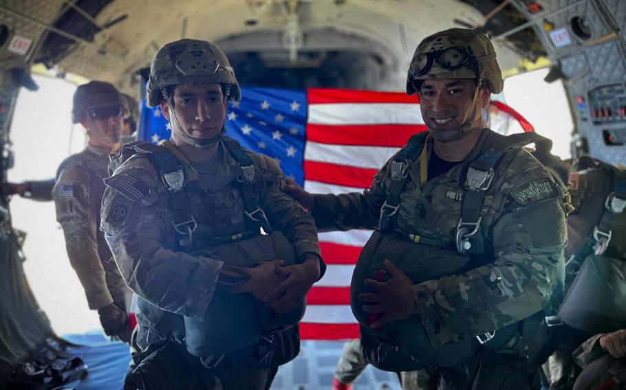 Sgt. Maj. Jason Towns, left, and his son, Sgt. Jaden Towns, participated in a paratrooper jump together at Fort Bragg shortly before Father’s Day.