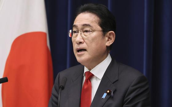 Japanese Prime Minister Fumio Kishida speaks during a news conference at his official residence in Tokyo on March 17, 2023. Kishida was seen Tuesday, March 21, heading to Kyiv for talks with Ukrainian President Volodymyr Zelenskyy.