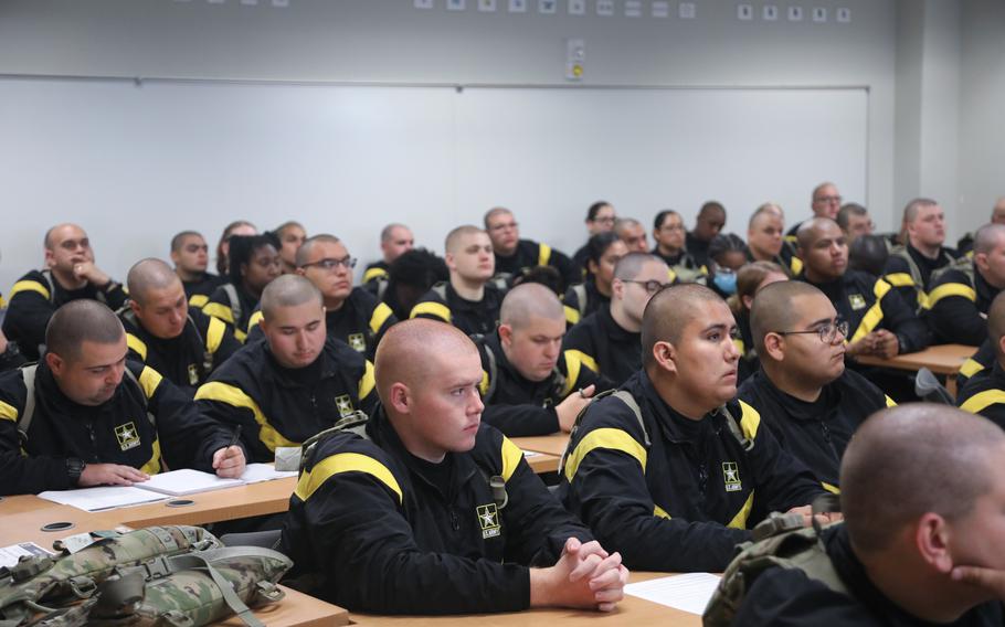 Students in the fitness track of the Army’s Future Soldier Preparatory Course receive resiliency training at Fort Jackson, S.C., on Dec. 13, 2022. The course provides focused academic and fitness instruction for those who have the desire and ability to reach Army standards and serve in the force.