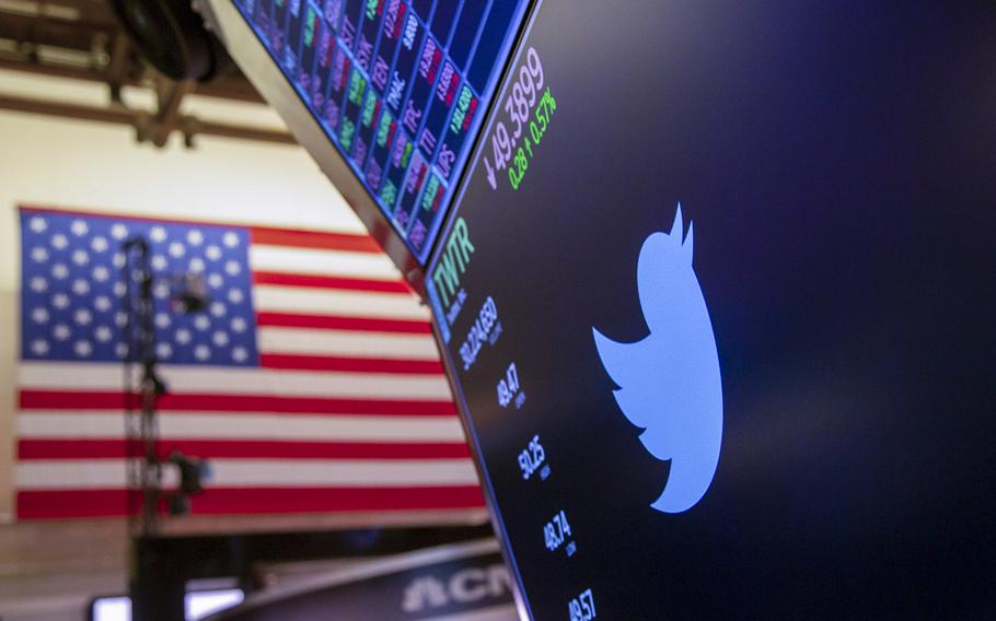 A monitor with Twitter Inc. signage on the floor of the New York Stock Exchange in New York on April 29, 2022. 