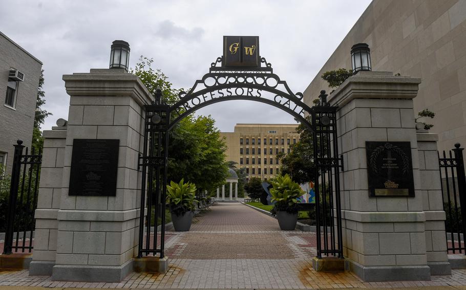 As college campuses reopen, many faculty members worry about COVID. Shown here is the professors gate at George Washington University in Washington, D.C. 