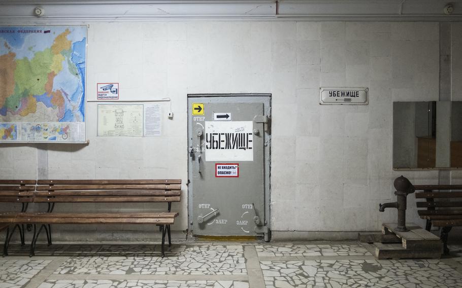 A door to a working Soviet-era bunker that is considered a bomb shelter if Russia is attacked, at the House of Culture in the Voroshylovsky district of Volgograd, on Feb. 1, 2023. 