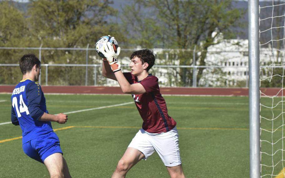 Lakenheath goalkeeper Matthew Vasquez catches the ball during a game against Wiesbaden on April 6, 2024 in Wiesbaden, Germany.