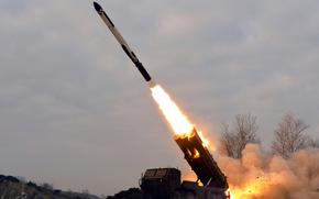 A North Korean missile is launched in this image released by the state-run Korean Central News Agency, Jan. 28, 2022.