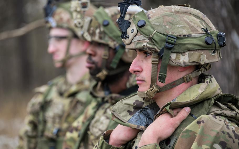 U.S. soldiers assigned to the 2nd Cavalry Regiment conduct an after action review during an exercise at the Grafenwoehr Training Area, Germany, Jan. 11, 2022. About 100 soldiers have arrived in Romania in advance of a follow-on force of cavalry troops, Romanian officials said Feb. 8.