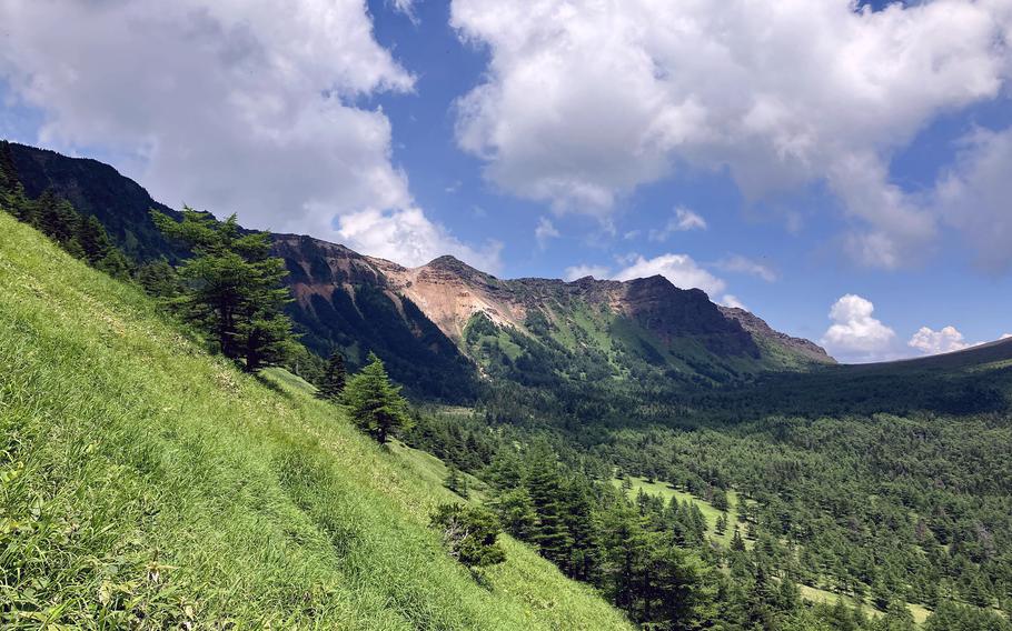 A bold climb to the ridgetop facing Mount Asama, Japan, qualifies this 7-mile hike as "challenging."