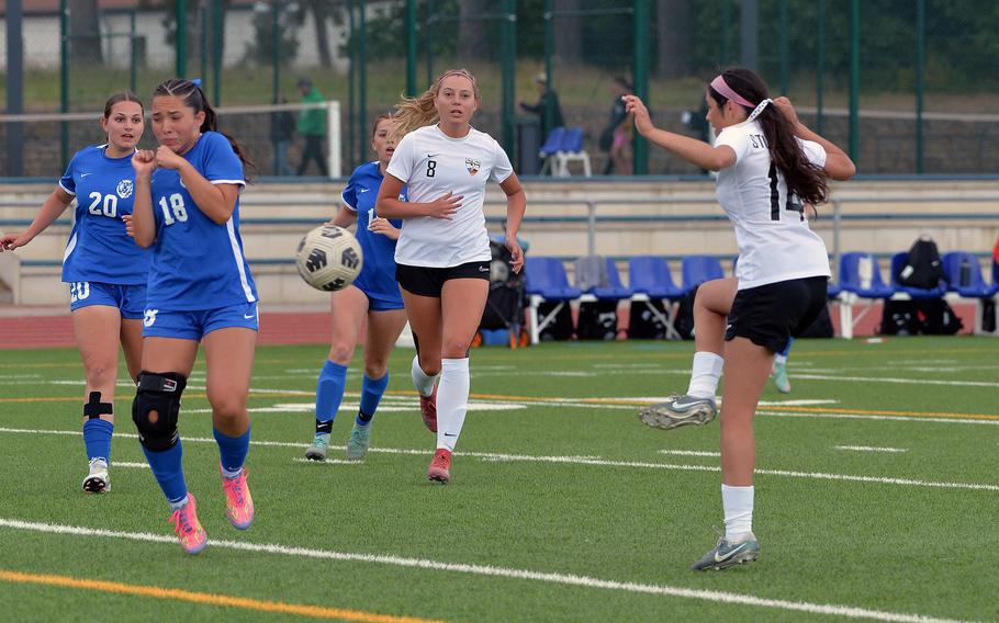 Stuttgart’s Sienna Ingle volleys the ball into the net for Stuttgart’s lone goal in the Panthers 3-1 loss against Ramstein in the girls Division I final at the DODEA-Europe soccer championships in Ramstein, Germany, May 22, 2025.