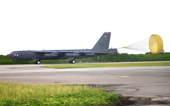 A B-52 Stratofortress assigned to the 2nd Bomb Wing at Barksdale Air Force Base, La., arrives at Navy Support Facility Diego Garcia on March 22, 2024.