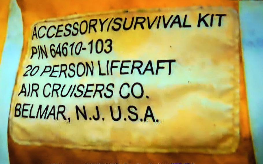 The Japanese coast guard found this life raft near an unconcious person after an Air Force CV-22 Osprey went down in waters in southwestern Japan, Wednesday, Nov. 29, 2023.                               