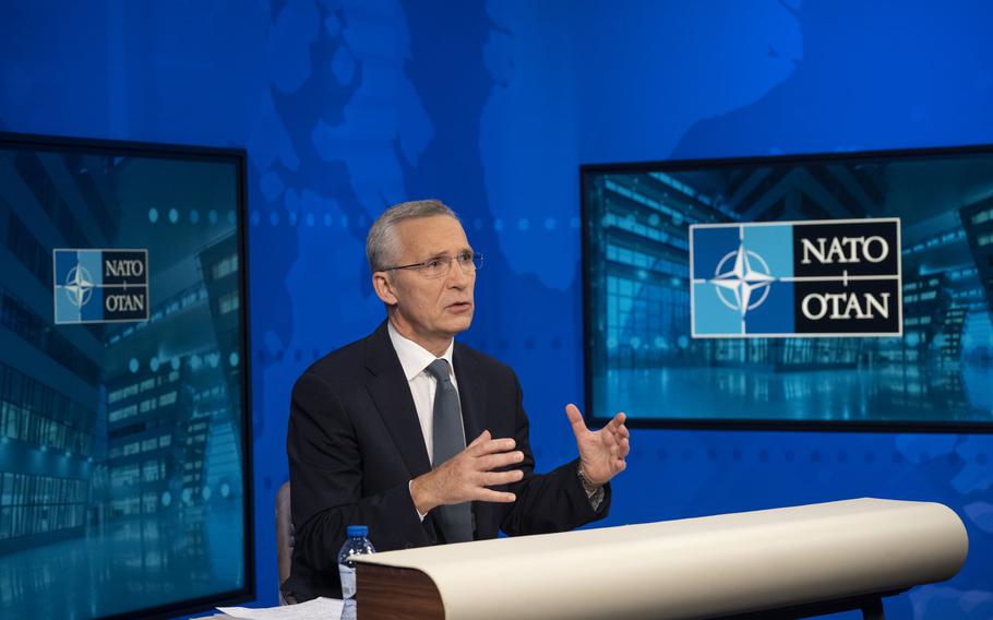 NATO Secretary-General Jens Stoltenberg speaks with reporters via video link, Dec. 7, 2022. Some allies want NATO to increase a defense spending benchmark for member states, Stoltenberg said recently.