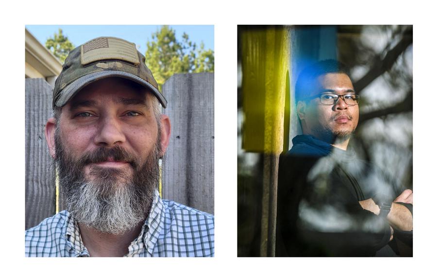 This undated photograph, left, shows U.S. military veteran Alexander Drueke of Tuscaloosa, Ala. The photo on the right shows U.S. Marine veteran Andy Tai Huynh on April 6, 2022, in Hartselle, Ala. The two U.S. veterans decided to fight with Ukraine in the war against Russia and were later reported missing. 