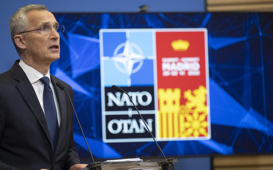 NATO Secretary-General Jens Stoltenberg speaks to reporters ahead of the NATO summit in Madrid on June 27, 2022, in Brussels. Stoltenberg said on Monday that the alliance’s quick response force, now comprised of 40,000 troops, would be expanded to 300,000.