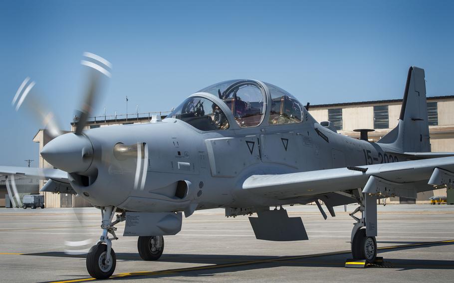 A Lebanese A-29 Super Tucano student pilot and a U.S. instructor pilot train in 2017 at Moody Air Force Base, Ga. The State Department approved a $100 million sale to Lebanon on July 11, 2025, for delivery of parts, equipment and logistical support for the country's Super Tucano planes.