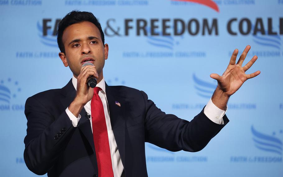 Republican presidential candidate businessman Vivek Ramaswamy speaks to guests at the Iowa Faith & Freedom Coalition Spring Kick-Off on April 22, 2023, in Clive, Iowa. 