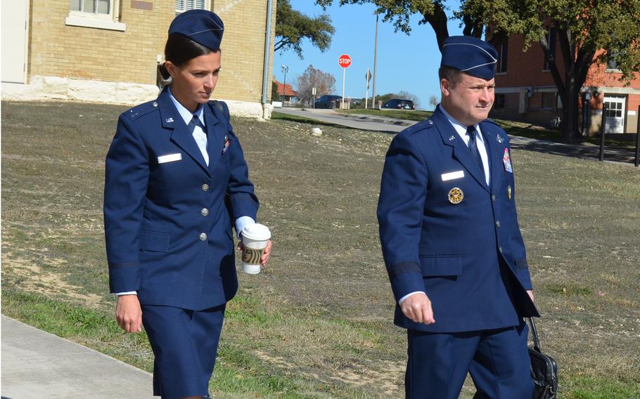 Air Force Maj. Gen. Phillip Stewart, right, and his defense attorney Capt. Jordan Grande exit a courthouse following Stewart’s arraignment on Jan. 18, 2024, at Joint Base San Antonio-Fort Sam Houston, Texas.