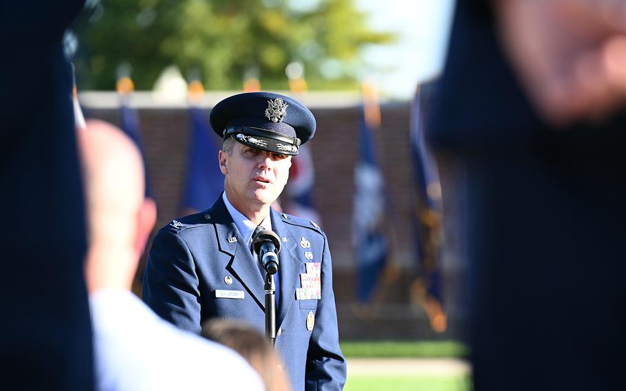 Air Force Brig. Gen. Mike Zuhlsdorf, then a colonel commanding the 11th Wing at Joint Base Anacostia-Bolling in Washington, D.C., speaks at a 9/11 memorial ceremony on Sept. 10, 2021. 