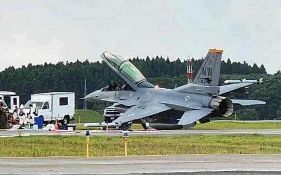 This screenshot from the Air Force amn/nco/snco Facebook page shows an F-16 Fighting Falcon after a hard landing at Misawa Air Base, Japan, Aug. 17, 2023.