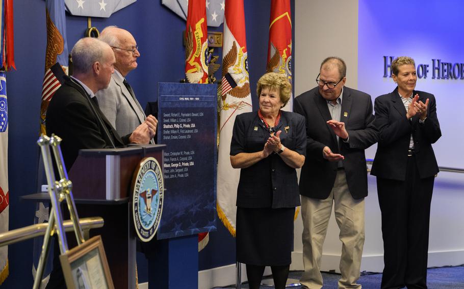 Theresa Chandler, the great-great-granddaughter of U.S. Army Pvt. George D. Wilson, and Gerald Taylor, the great-great-nephew of Pvt. Philip G. Shadrach, unveil the Hall of Heroes plaque during the Hall of Heroes Induction Ceremony and Virtual Medal of Honor Wall Museum Unveiling at the Pentagon in Arlington, Va., July 4, 2024. Shadrach and Wilson were awarded for their acts of valor during the April 1862 “Great Locomotive Chase” in the American Civil War.