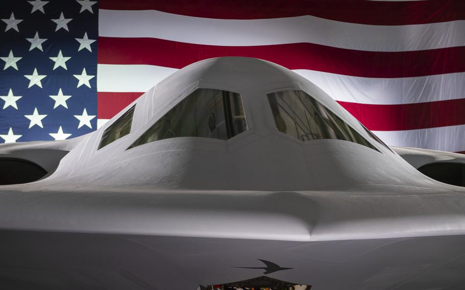 The B-21 Raider is unveiled during a ceremony in Palmdale, Calif., Dec. 2, 2022.