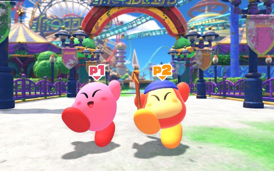 One of the diverse environments in Kirby and the Forgotten Land is a theme park. Each area is unique and has its own distinct visual style.